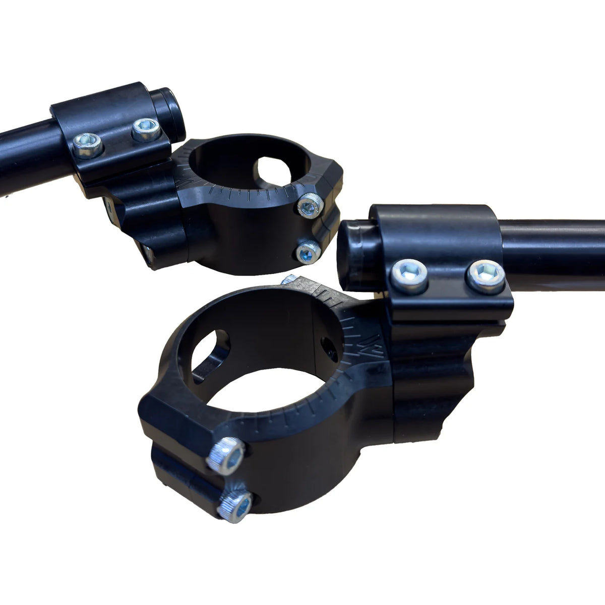 Aprilia RS457 RS660 RSV4 Zero Offset Riser Clip-ons with bolts on a white background