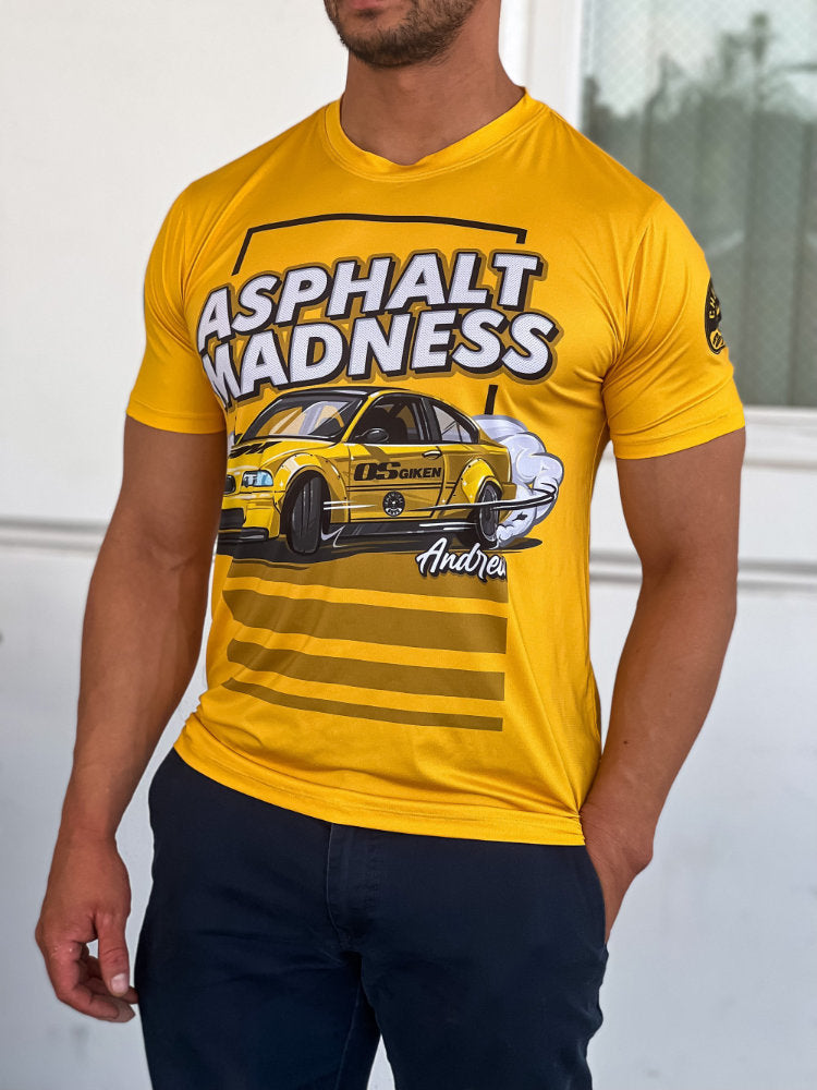 a man wearing a t-shirt with custom design for Asphalt Madness