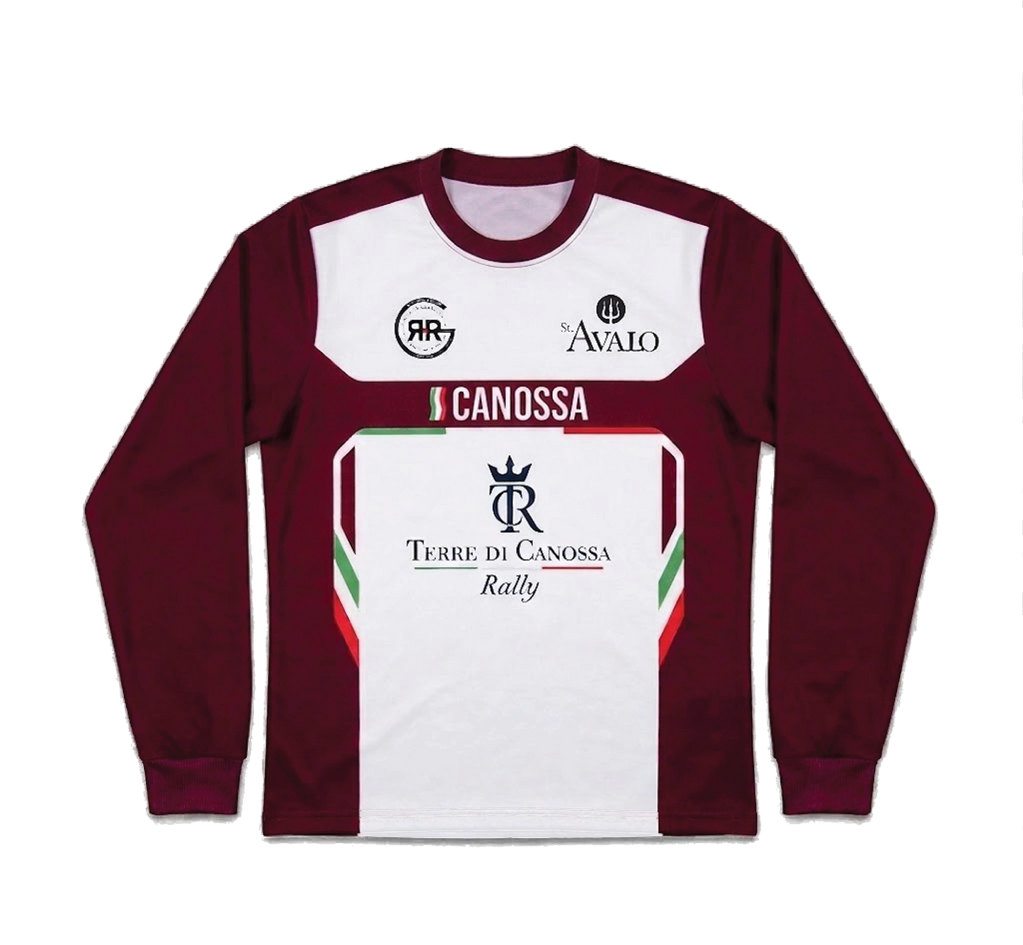 Maroon and white long-sleeve shirt with branding on a light gray background