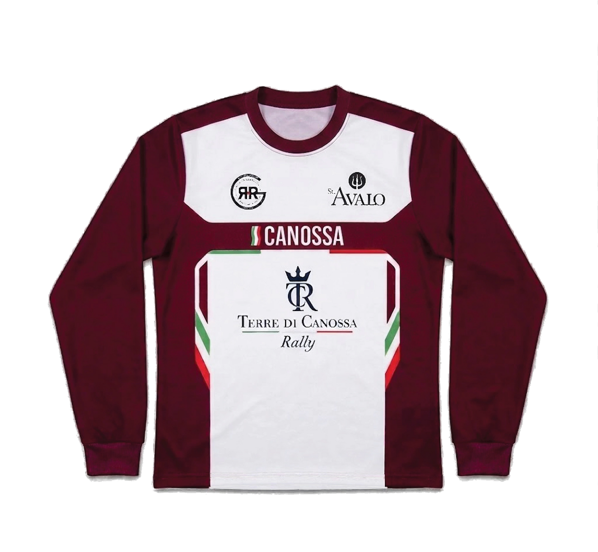 Maroon and white long-sleeve shirt with branding on a light gray background