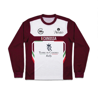 Maroon and white long-sleeve shirt with branding on a light gray background